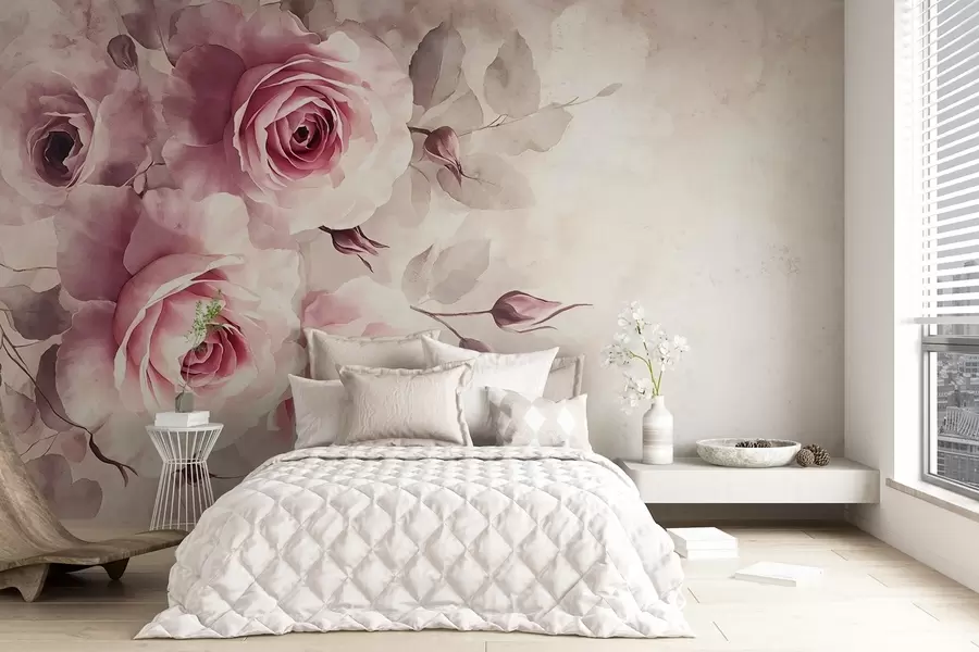 wall murals Нежне пастелне ружичасте руже и лишће са меком, замагљеном позадином имитације акварела w08459