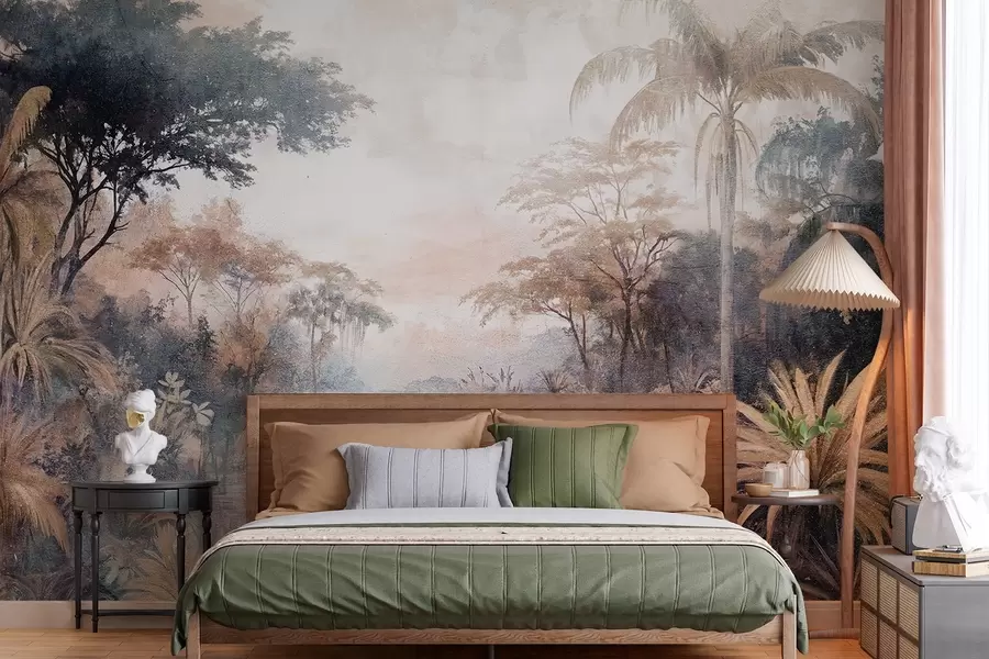 wall murals Текстурирани тропски пејзаж са мирном реком окружен бујним палмама, жбуњем и другим лишћем w08460