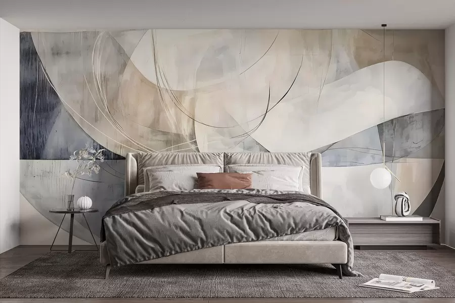 wall murals Апстрактни облици и форме у нијансама беле, сиве, беж и плаве на замућеној текстурираној позадини w08461