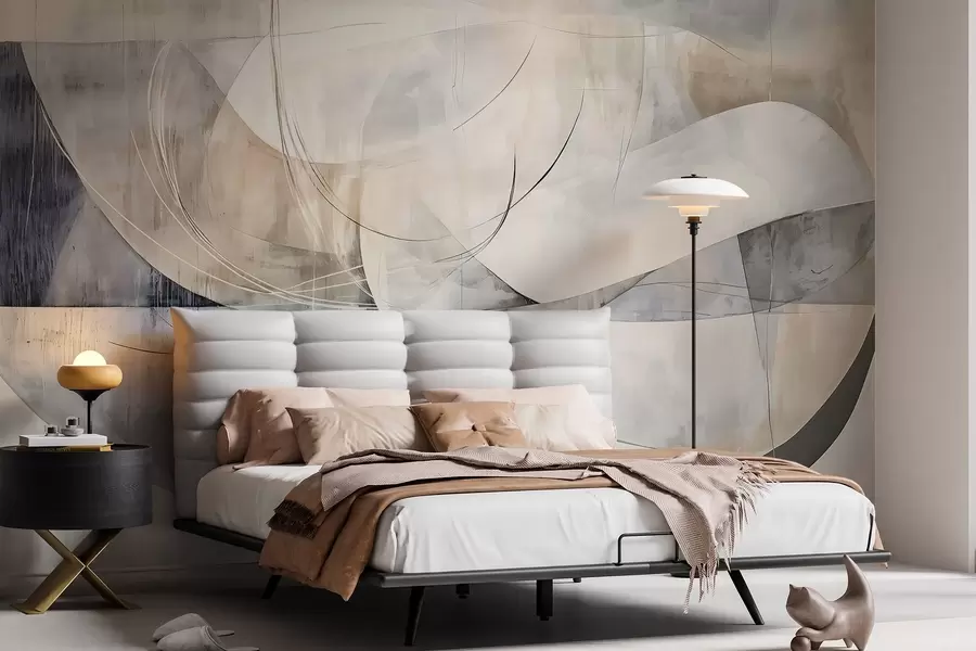 wall murals Апстрактни облици и форме у нијансама беле, сиве, беж и плаве на замућеној текстурираној позадини w08461