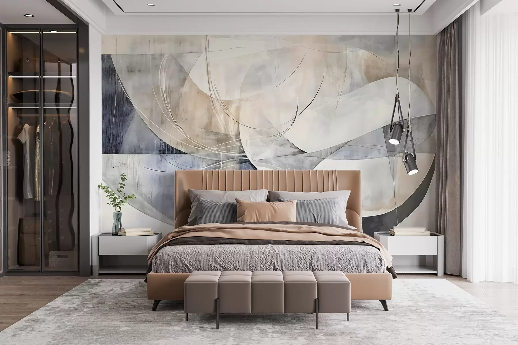 wall murals Апстрактни облици и форме у нијансама беле, сиве, беж и плаве на замућеној текстурираној позадини w08461