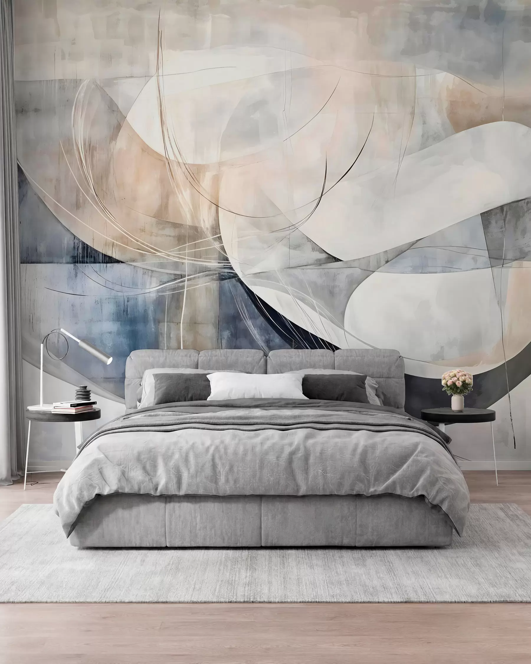 wall murals Апстрактни облици и форме у нијансама беле, сиве, беж и плаве на замућеној текстурираној позадини w08461