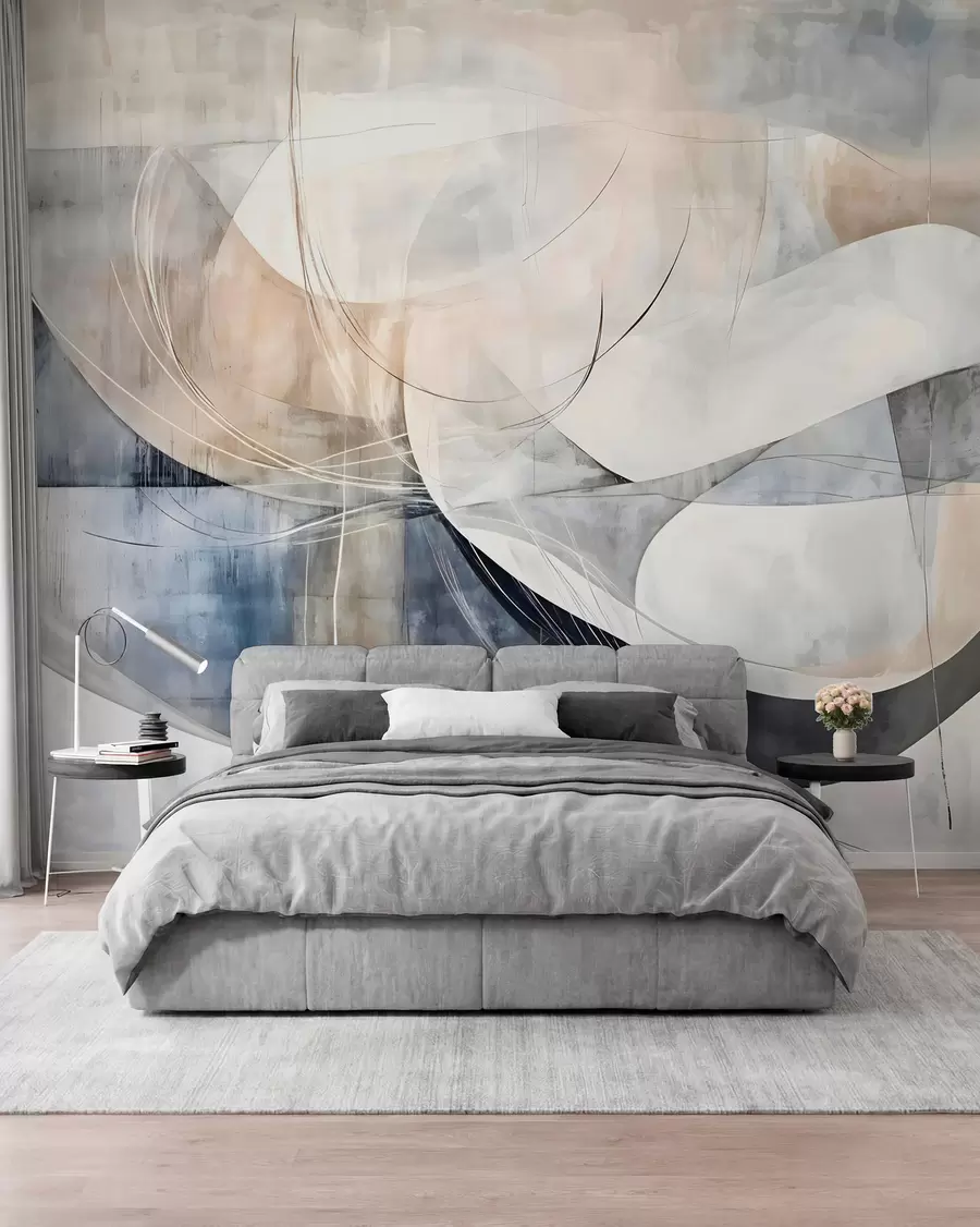 wall murals Апстрактни облици и форме у нијансама беле, сиве, беж и плаве на замућеној текстурираној позадини w08461