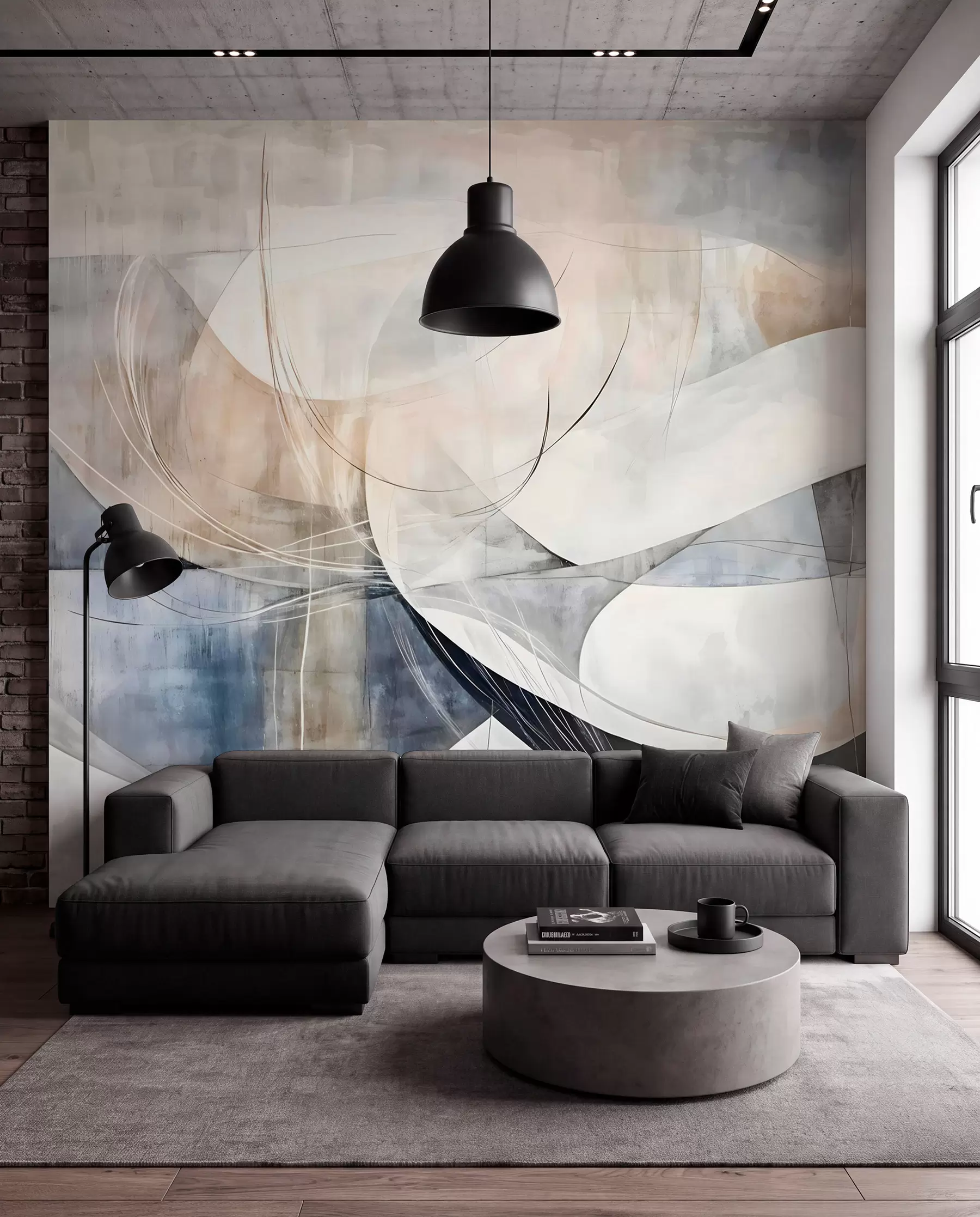 wall murals Апстрактни облици и форме у нијансама беле, сиве, беж и плаве на замућеној текстурираној позадини w08461