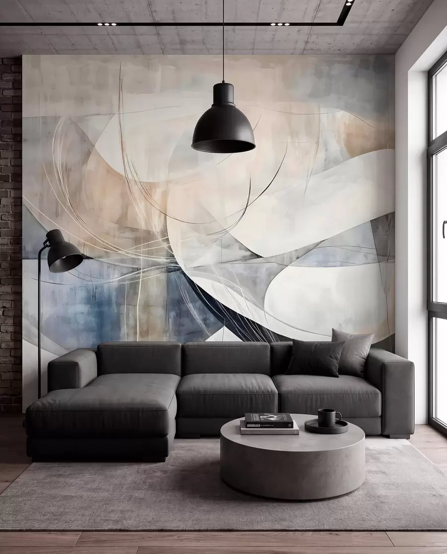 wall murals Апстрактни облици и форме у нијансама беле, сиве, беж и плаве на замућеној текстурираној позадини w08461