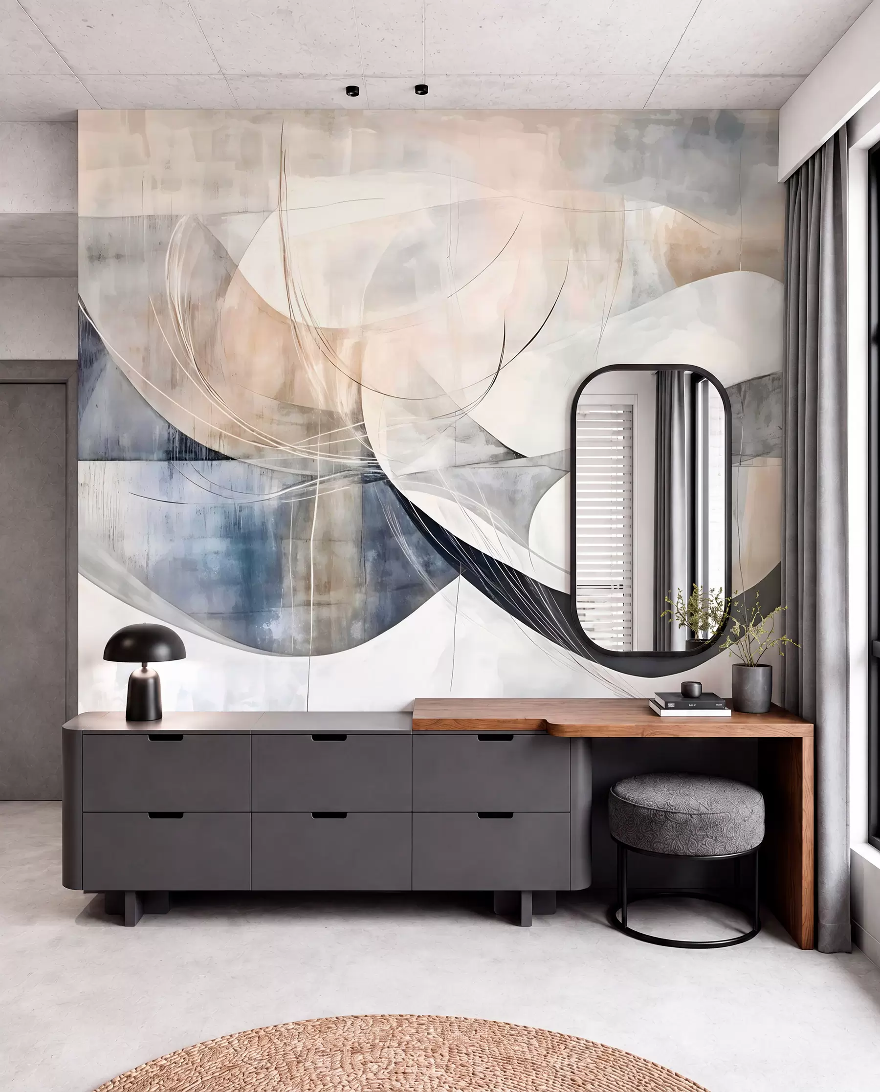 wall murals Апстрактни облици и форме у нијансама беле, сиве, беж и плаве на замућеној текстурираној позадини w08461