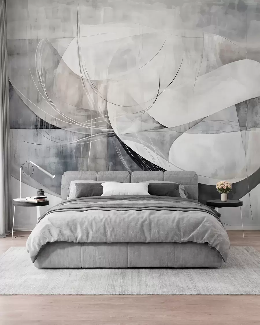 wall murals Апстрактни облици и форме у нијансама беле, сиве и црне на замућеној текстурираној позадини w08461v1