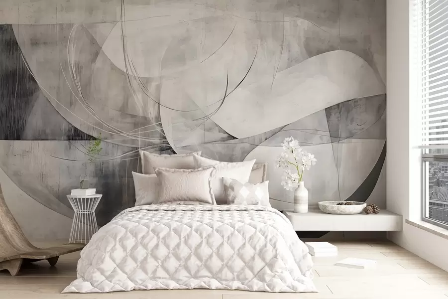wall murals Апстрактни облици и форме у нијансама беле, сиве и црне на замућеној текстурираној позадини w08461v1