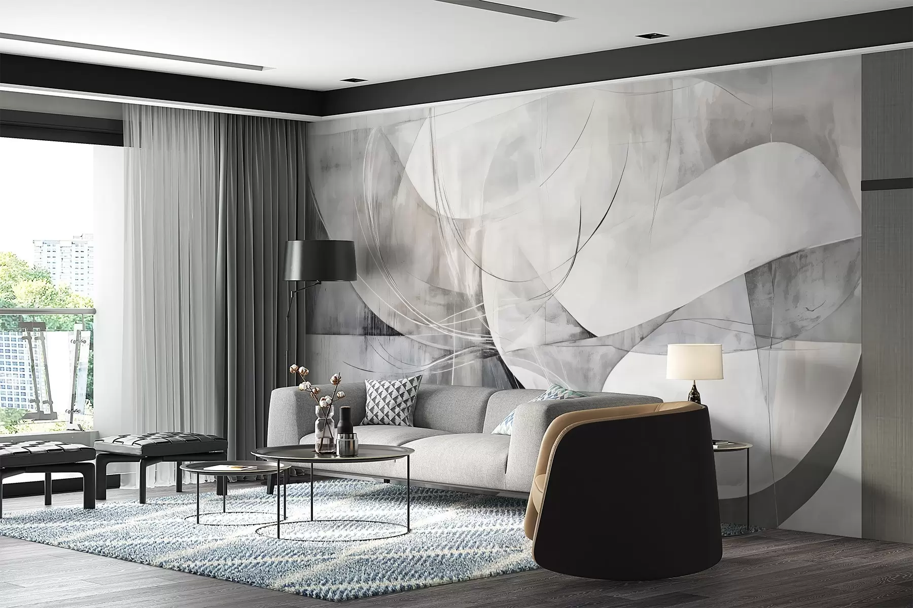 wall murals Апстрактни облици и форме у нијансама беле, сиве и црне на замућеној текстурираној позадини w08461v1