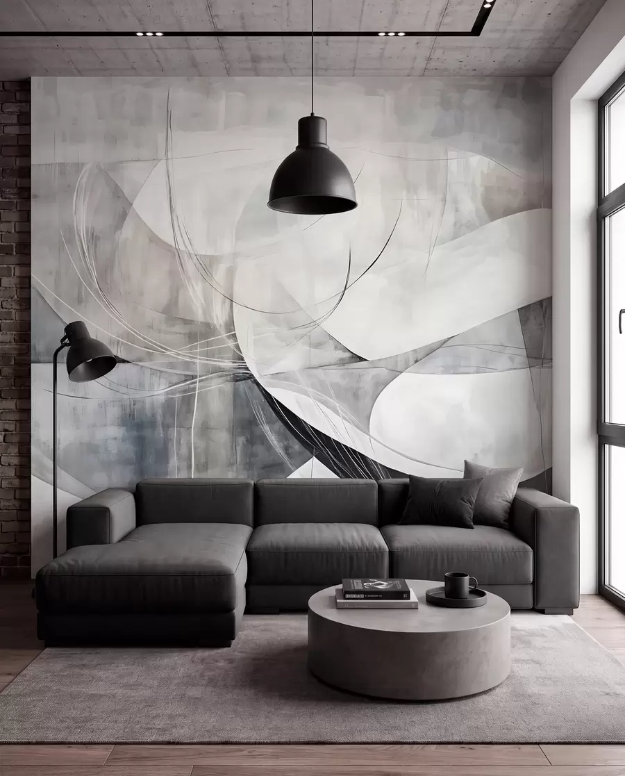 wall murals Апстрактни облици и форме у нијансама беле, сиве и црне на замућеној текстурираној позадини w08461v1