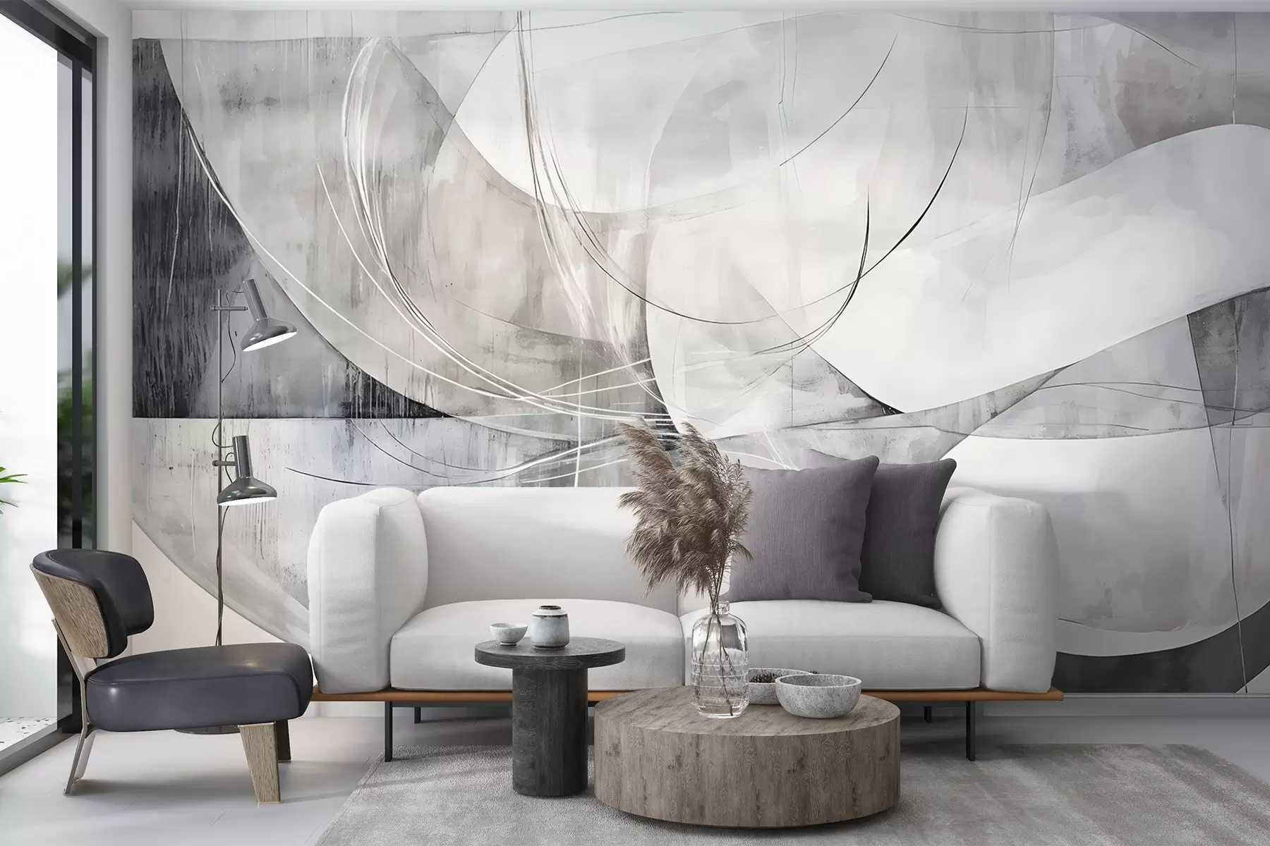 wall murals Апстрактни облици и форме у нијансама беле, сиве и црне на замућеној текстурираној позадини w08461v1