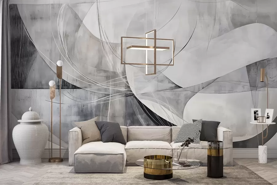 wall murals Апстрактни облици и форме у нијансама беле, сиве и црне на замућеној текстурираној позадини w08461v1