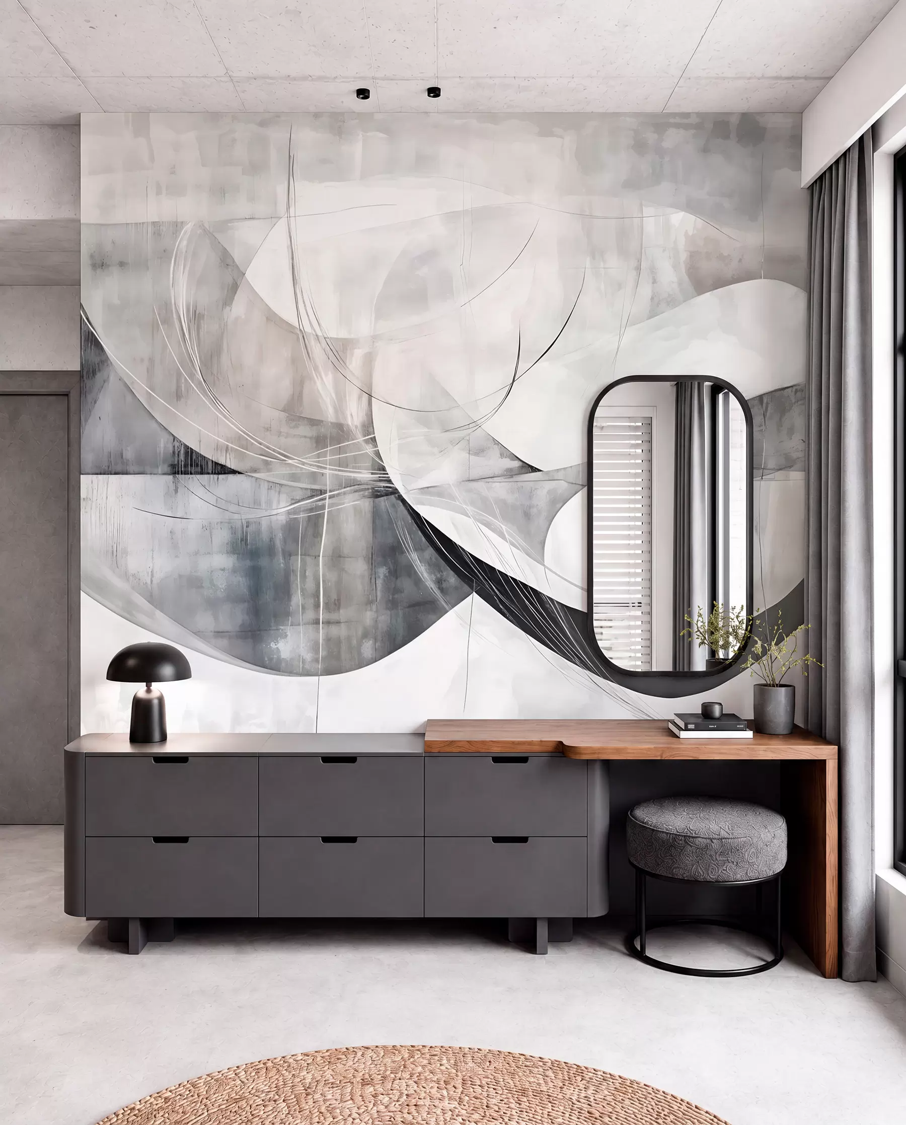 wall murals Апстрактни облици и форме у нијансама беле, сиве и црне на замућеној текстурираној позадини w08461v1
