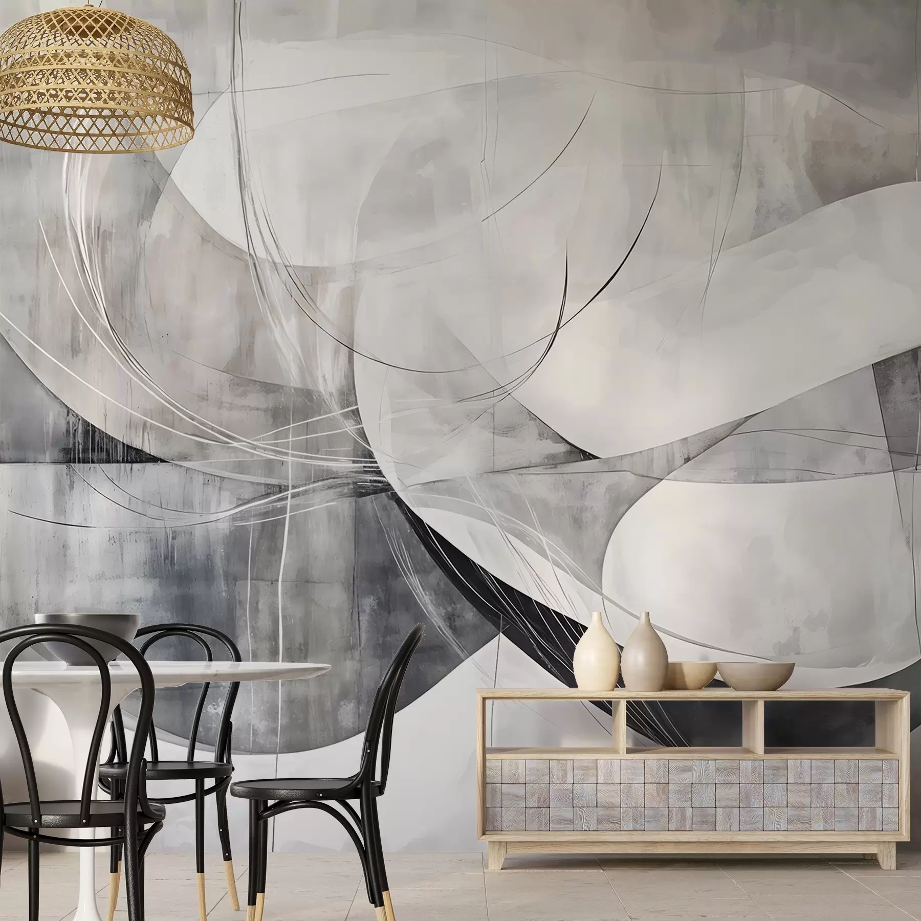 wall murals Апстрактни облици и форме у нијансама беле, сиве и црне на замућеној текстурираној позадини w08461v1