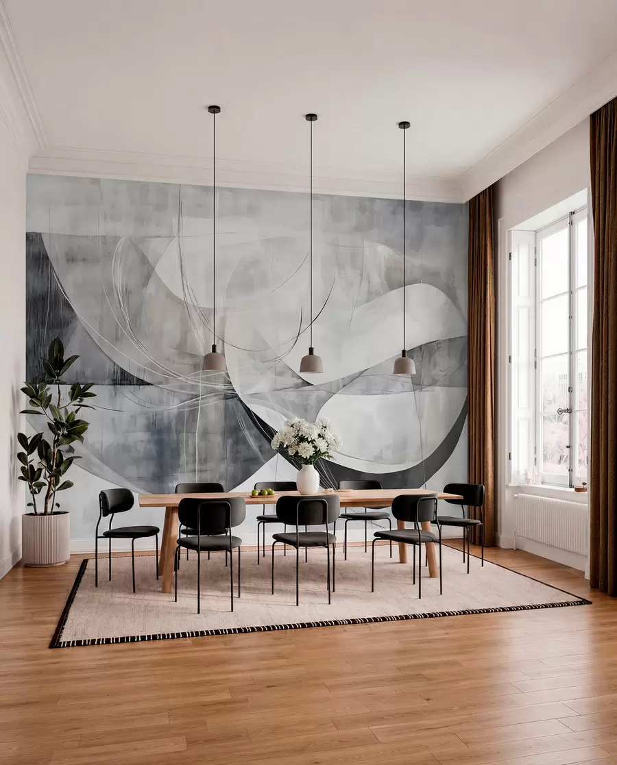 wall murals Апстрактни облици и форме у нијансама беле, сиве и црне на замућеној текстурираној позадини w08461v1