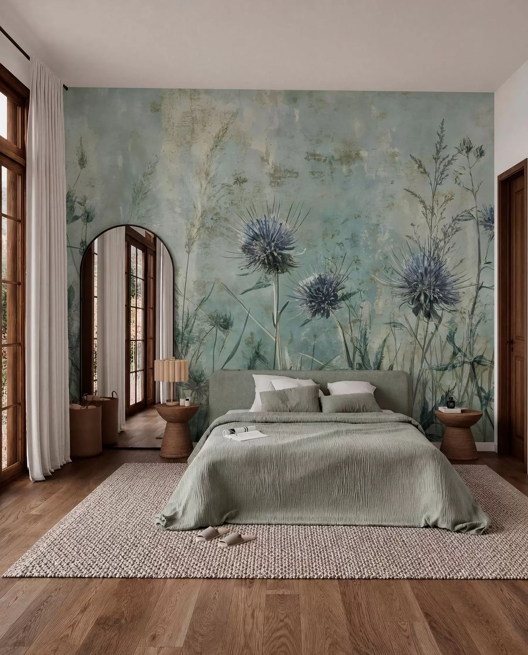 wall murals Поље љубичастих цветова чичка са замагљеним цветовима и лишћем у старинској текстурној позадини w08463