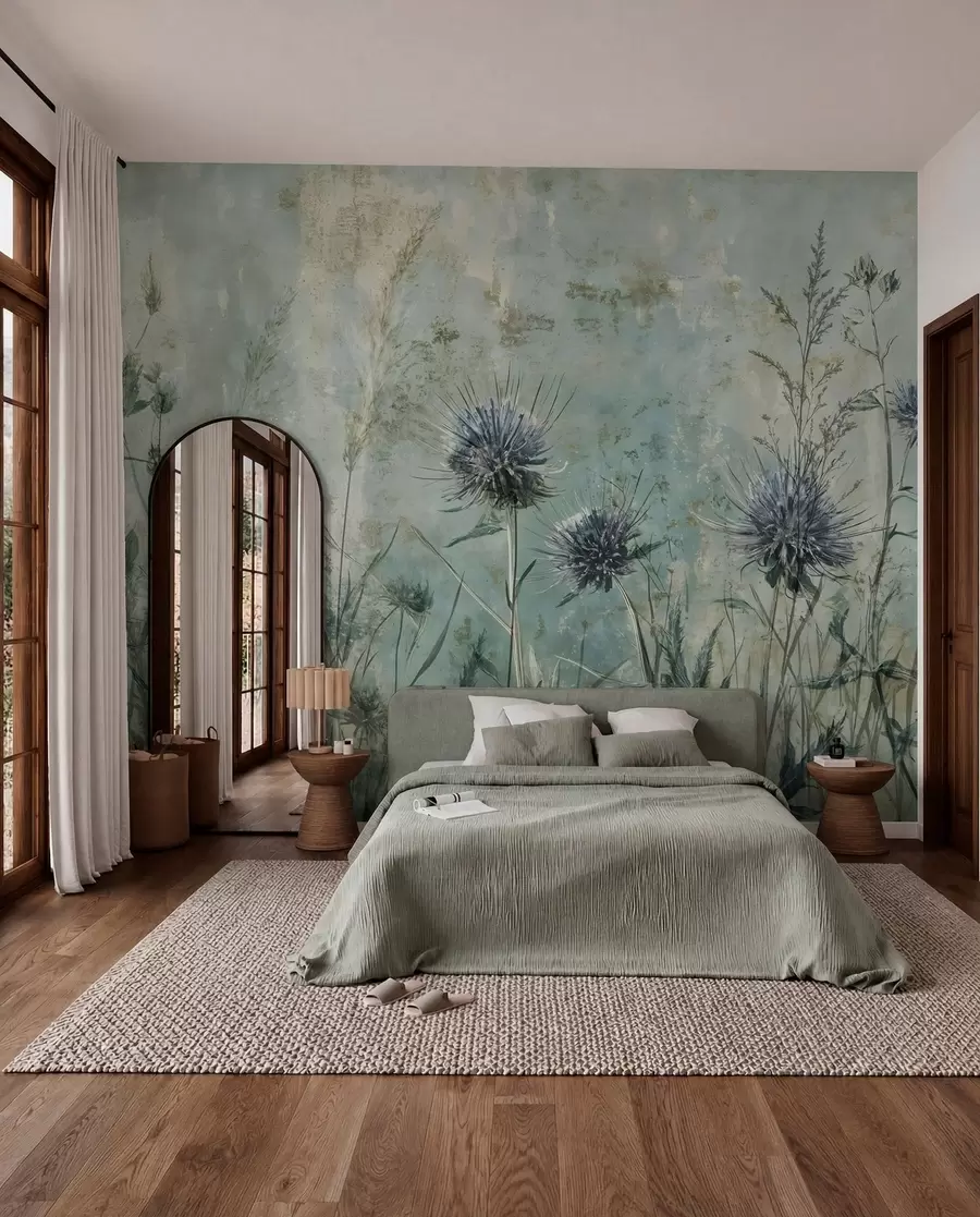 wall murals Поље љубичастих цветова чичка са замагљеним цветовима и лишћем у старинској текстурној позадини w08463