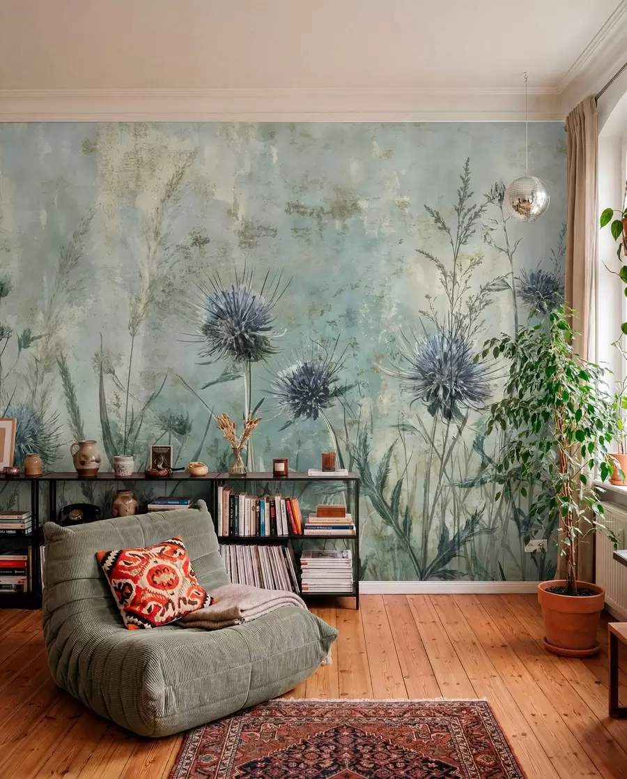 wall murals Поље љубичастих цветова чичка са замагљеним цветовима и лишћем у старинској текстурној позадини w08463