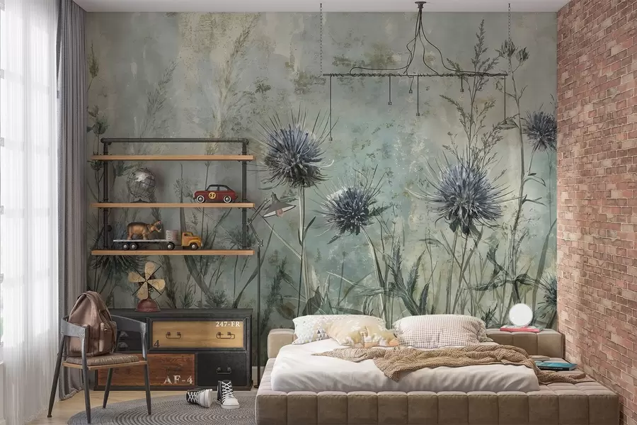 wall murals Поље љубичастих цветова чичка са замагљеним цветовима и лишћем у старинској текстурној позадини w08463