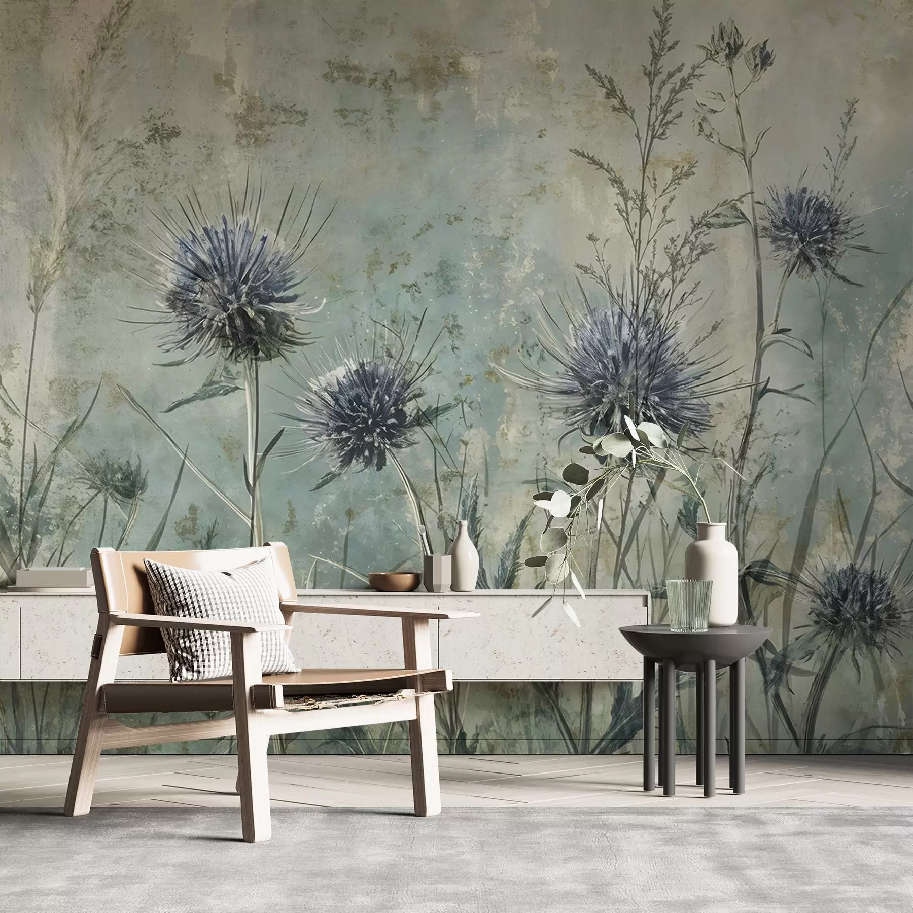 wall murals Поље љубичастих цветова чичка са замагљеним цветовима и лишћем у старинској текстурној позадини w08463