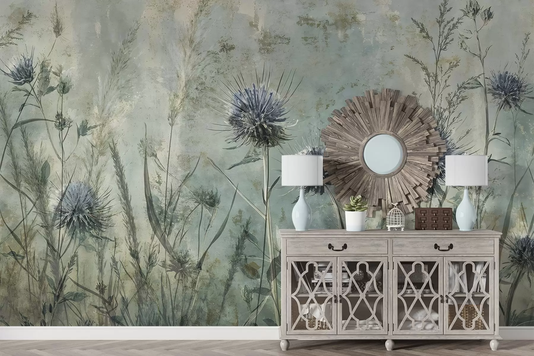 wall murals Поље љубичастих цветова чичка са замагљеним цветовима и лишћем у старинској текстурној позадини w08463