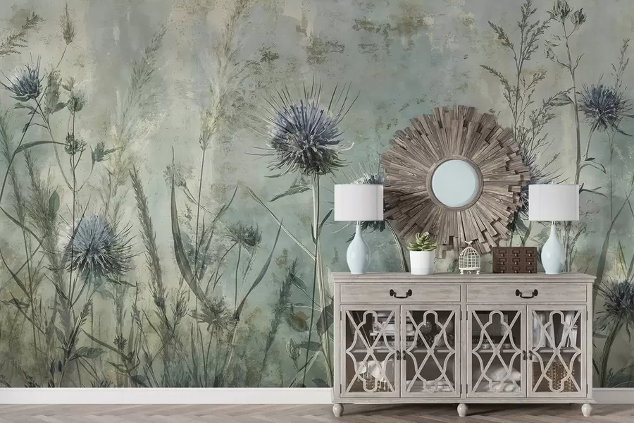 wall murals Поље љубичастих цветова чичка са замагљеним цветовима и лишћем у старинској текстурној позадини w08463