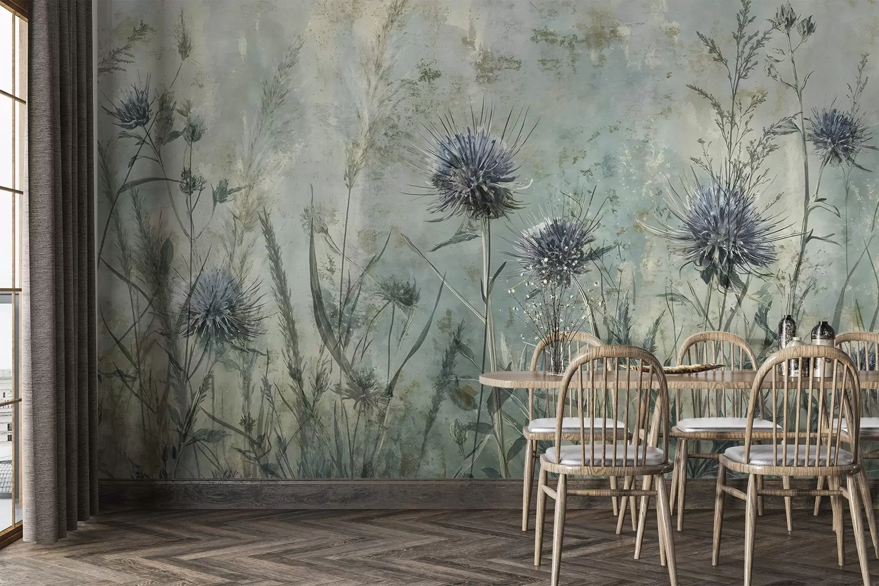 wall murals Поље љубичастих цветова чичка са замагљеним цветовима и лишћем у старинској текстурној позадини w08463