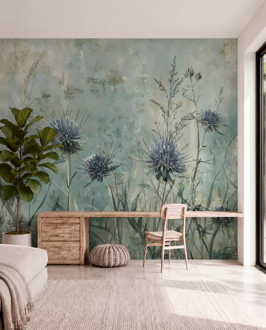 wall murals Поље љубичастих цветова чичка са замагљеним цветовима и лишћем у старинској текстурној позадини w08463