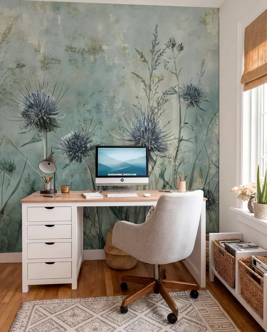wall murals Поље љубичастих цветова чичка са замагљеним цветовима и лишћем у старинској текстурној позадини w08463