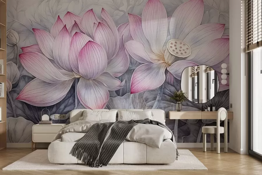 wall murals Неколико детаљних текстурираних великих ружичастих цветова лотоса са сиво-зеленим листовима и стабљикама на светлој позадини w08465