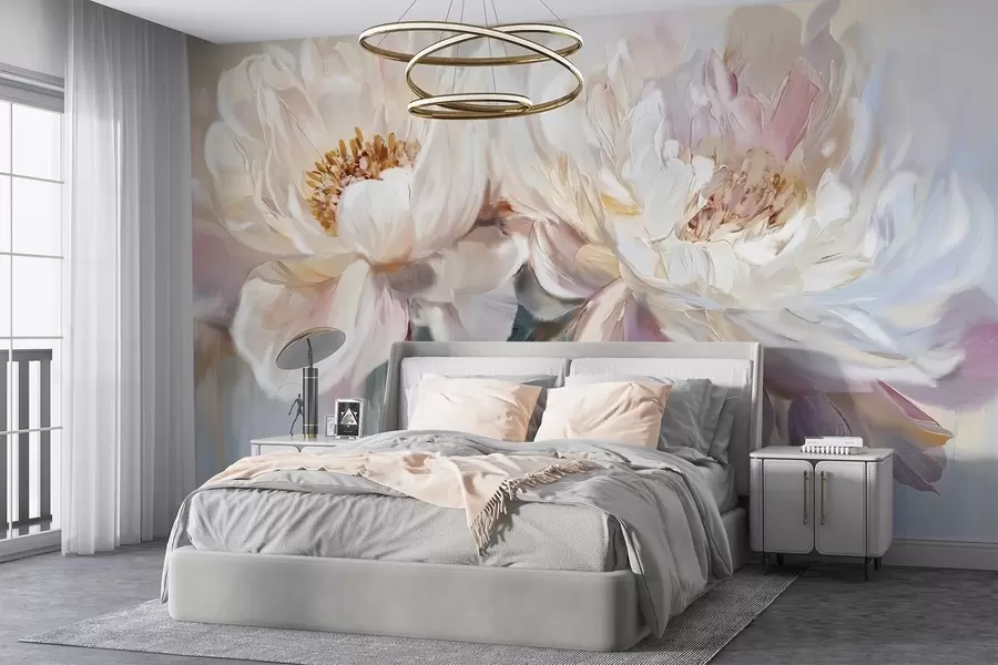 wall murals Меки, деликатни бели и пастелно ружичасти божури са бујним латицама на замућеној позадини имитације слике w08466