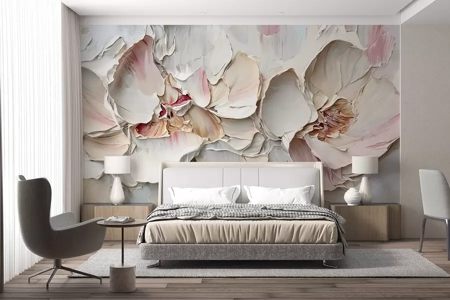 wall murals Нежно, бледо ружичасто цвеће са меким, слојевитим латицама на пригушеној, текстурираној позадини имитација импасто уљане слике w08467