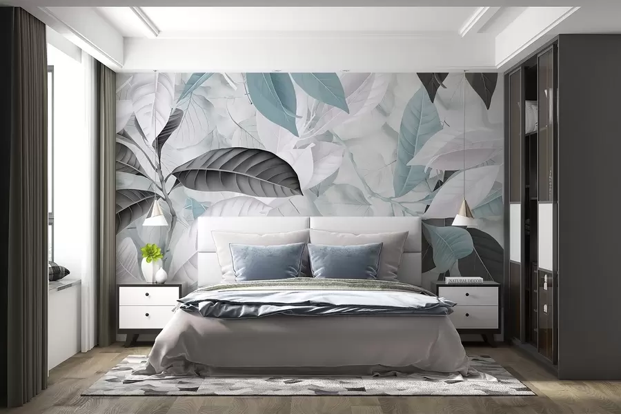wall murals Велики отисак плавог и сивог лишћа на светлој текстурираној позадини, стварајући бујни тропски осећај w08468v1