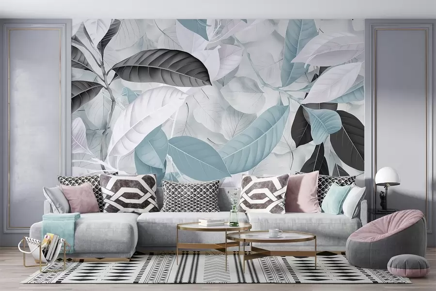 wall murals Велики отисак плавог и сивог лишћа на светлој текстурираној позадини, стварајући бујни тропски осећај w08468v1