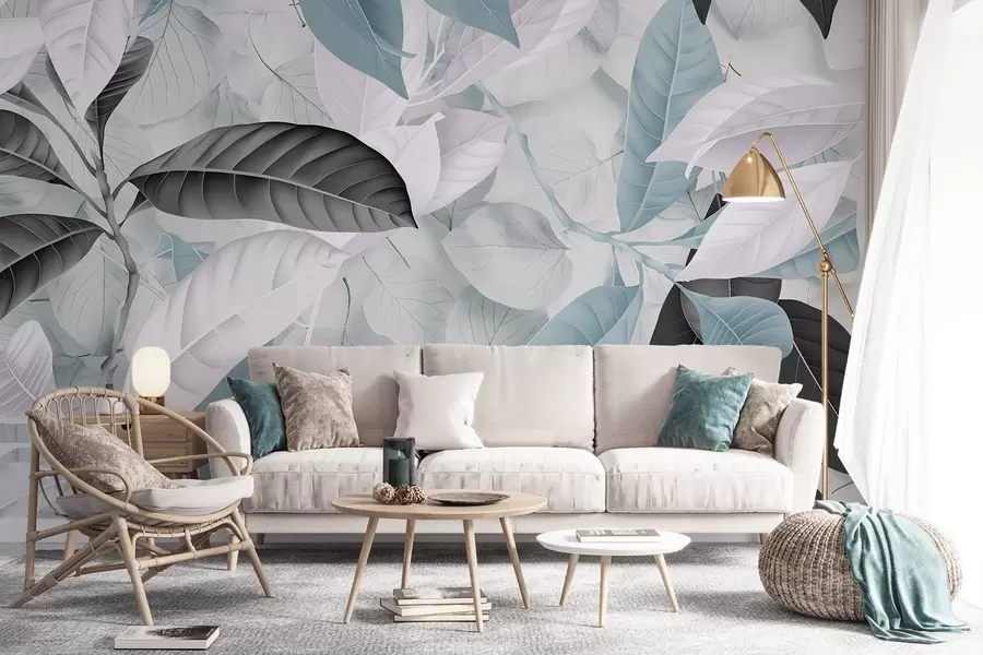 wall murals Велики отисак плавог и сивог лишћа на светлој текстурираној позадини, стварајући бујни тропски осећај w08468v1