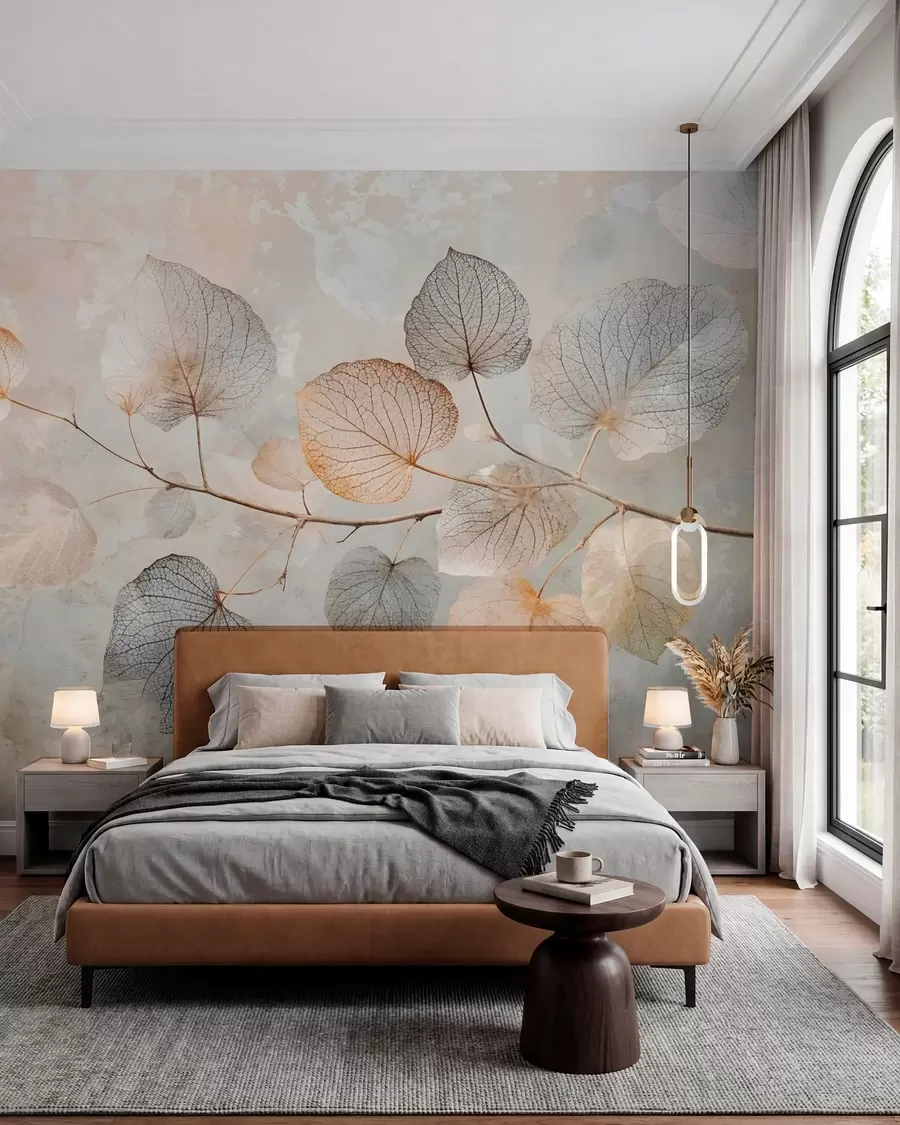 wall murals Деликатни листови са замршеним венама и меким, пригушеним бојама на бледи текстурираној позадини w08469