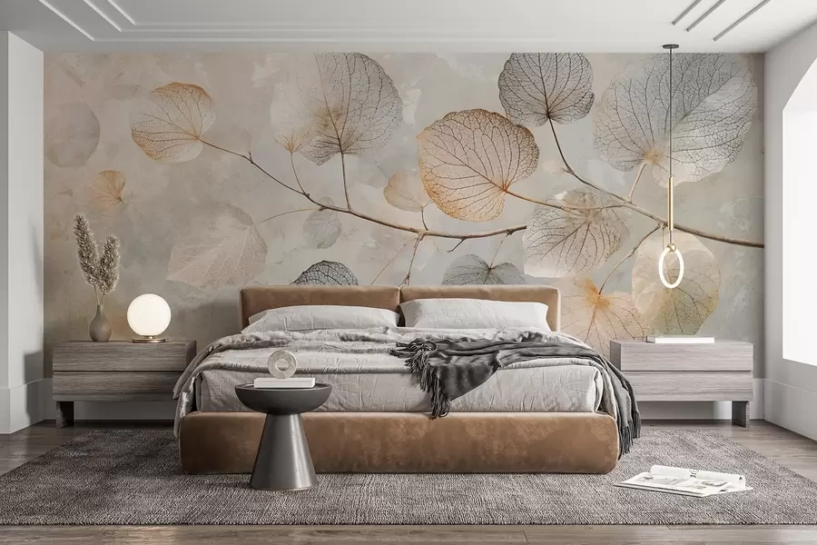 wall murals Деликатни листови са замршеним венама и меким, пригушеним бојама на бледи текстурираној позадини w08469