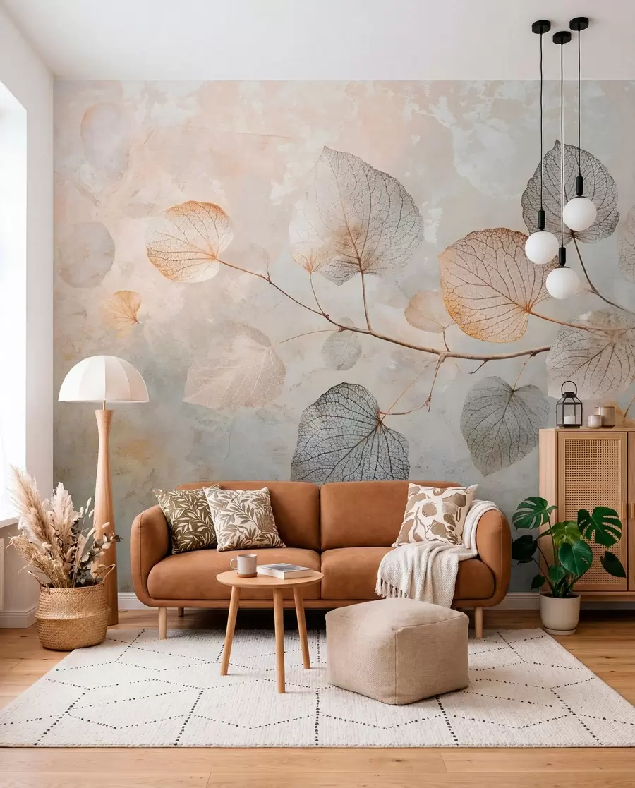 wall murals Деликатни листови са замршеним венама и меким, пригушеним бојама на бледи текстурираној позадини w08469