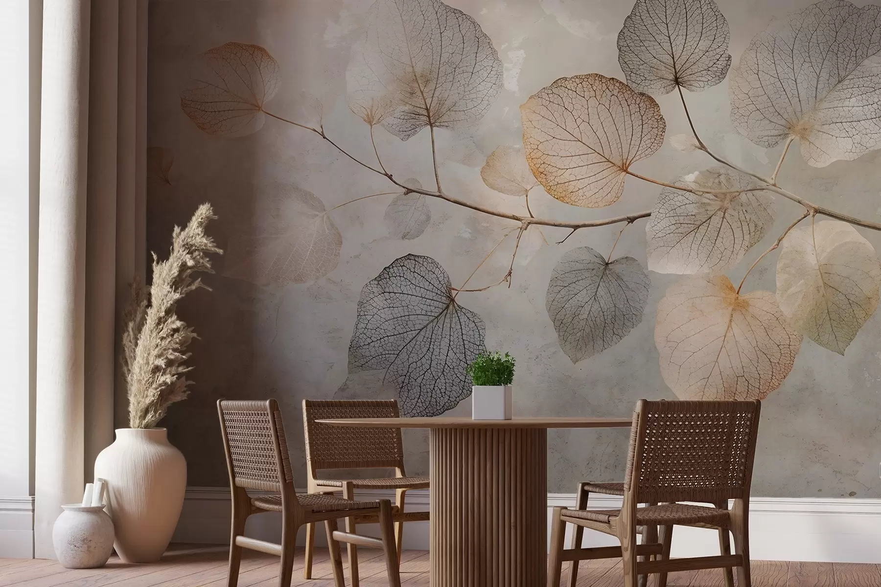 wall murals Деликатни листови са замршеним венама и меким, пригушеним бојама на бледи текстурираној позадини w08469