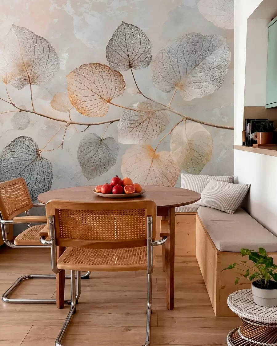 wall murals Деликатни листови са замршеним венама и меким, пригушеним бојама на бледи текстурираној позадини w08469
