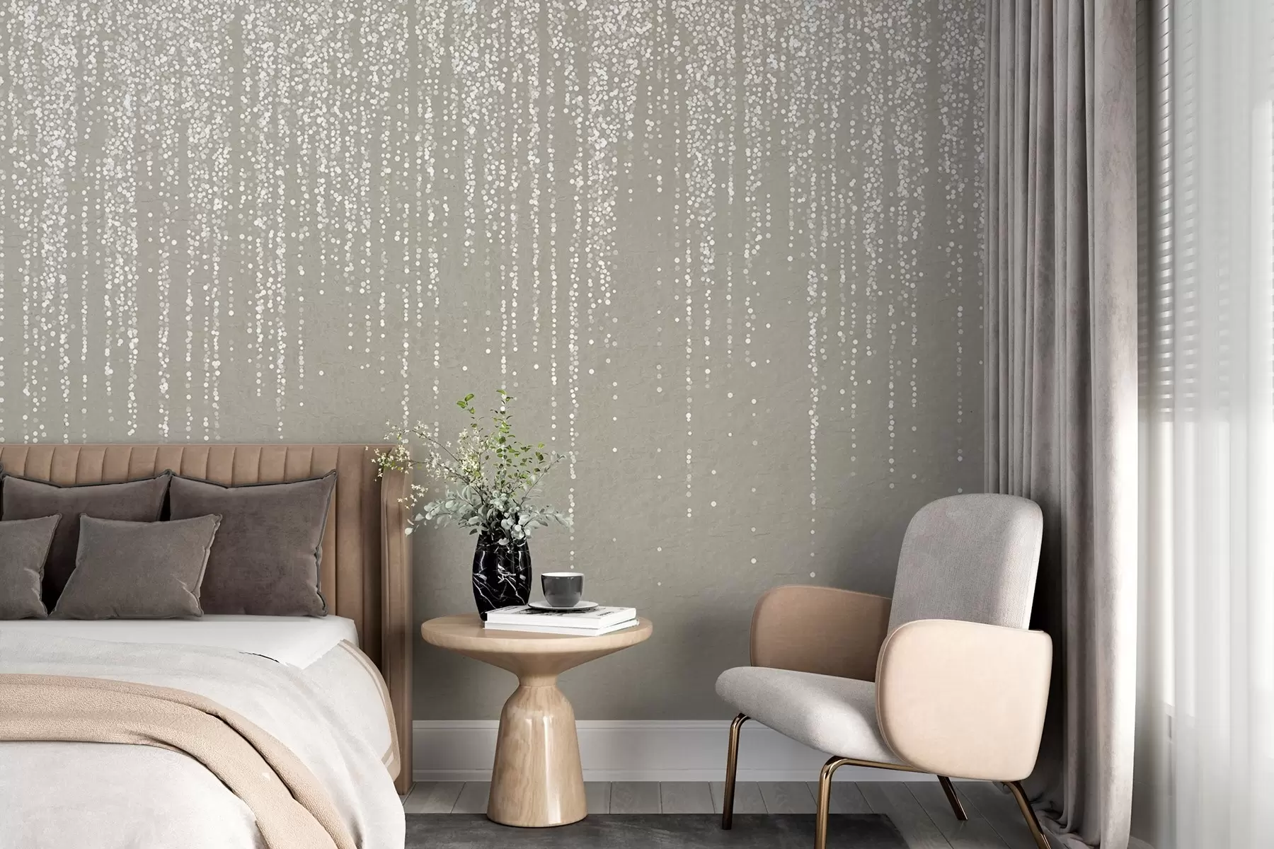 wall murals Вертикални елегантан отисак тачкастог венца на беж текстурираној позадини, стварајући осећај дубине и покрета w08470
