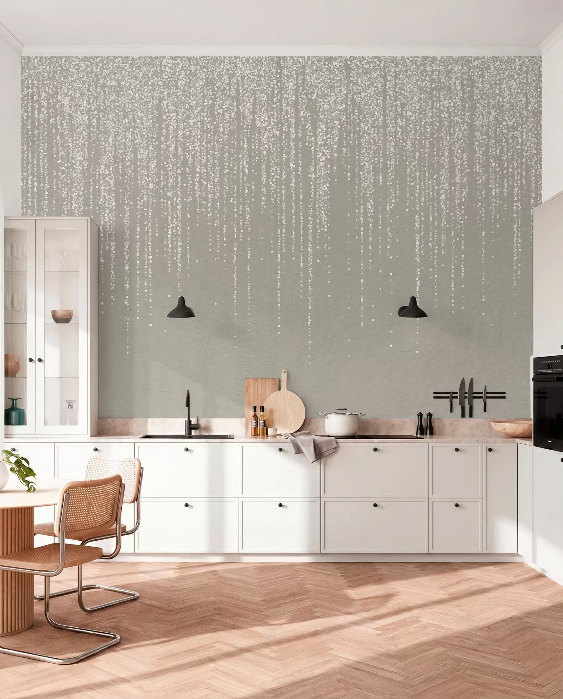 wall murals Вертикални елегантан отисак тачкастог венца на беж текстурираној позадини, стварајући осећај дубине и покрета w08470