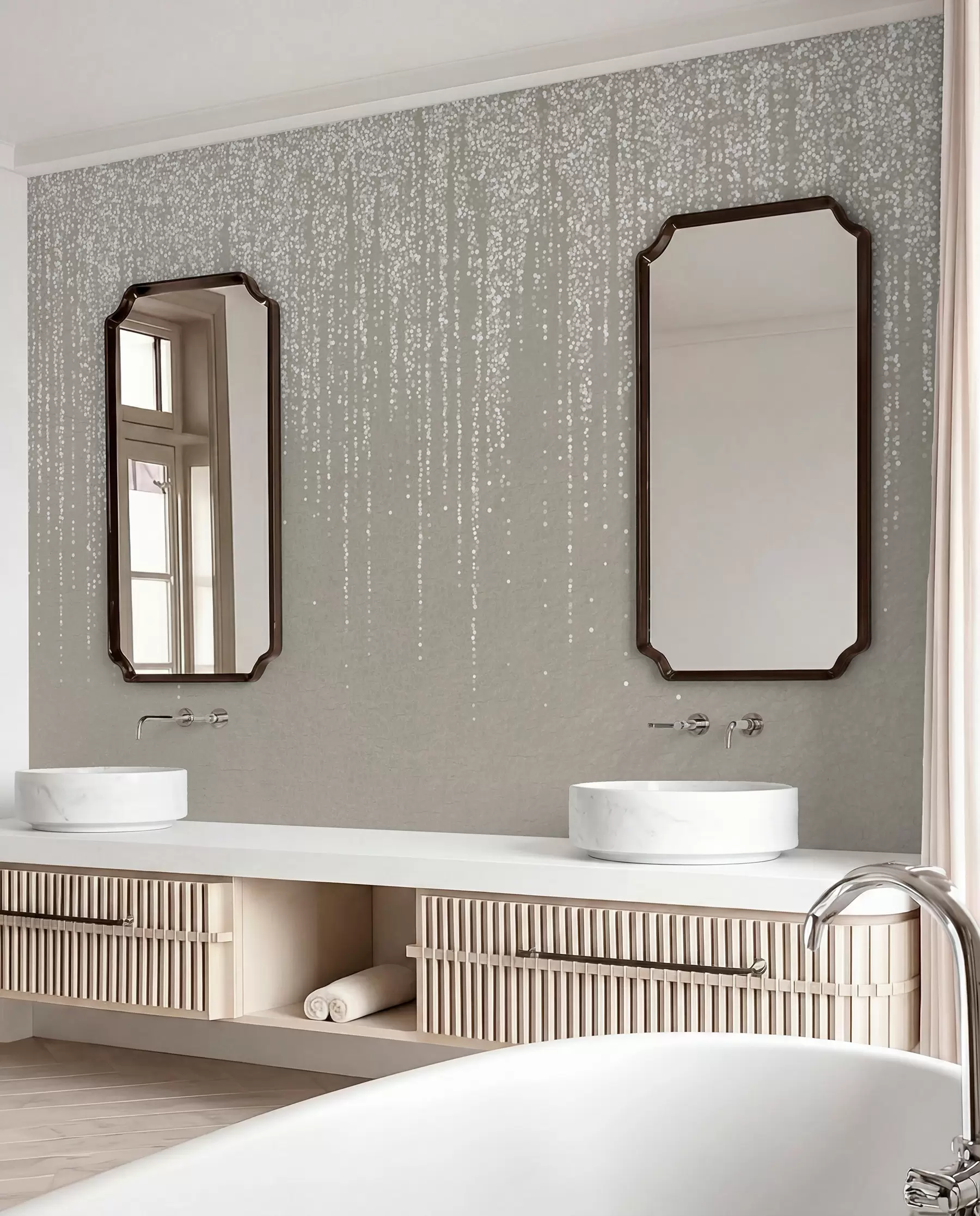 wall murals Вертикални елегантан отисак тачкастог венца на беж текстурираној позадини, стварајући осећај дубине и покрета w08470