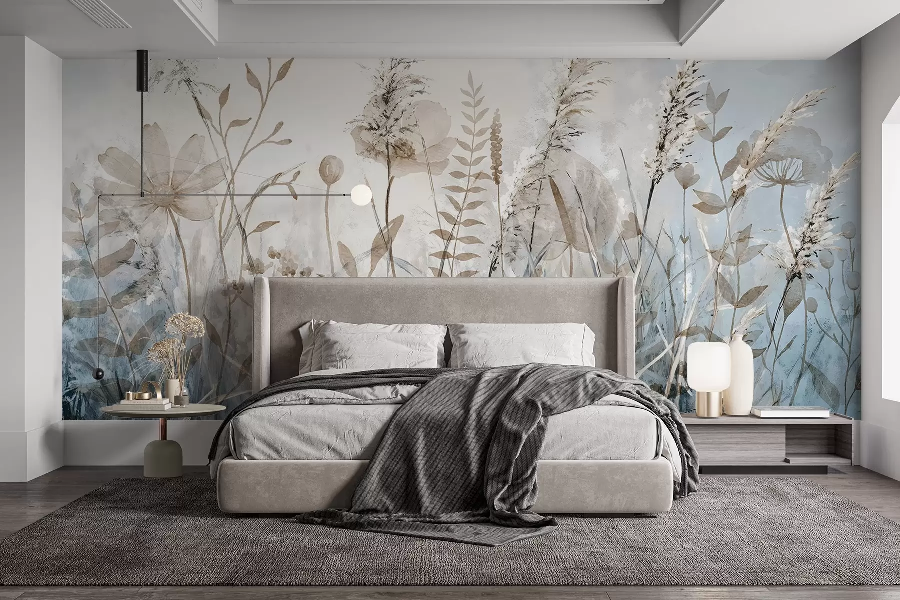 wall murals Поље високе траве, природног лишћа и биљака са меким, танким текстурама наспрам магловитог, облачног неба w08472