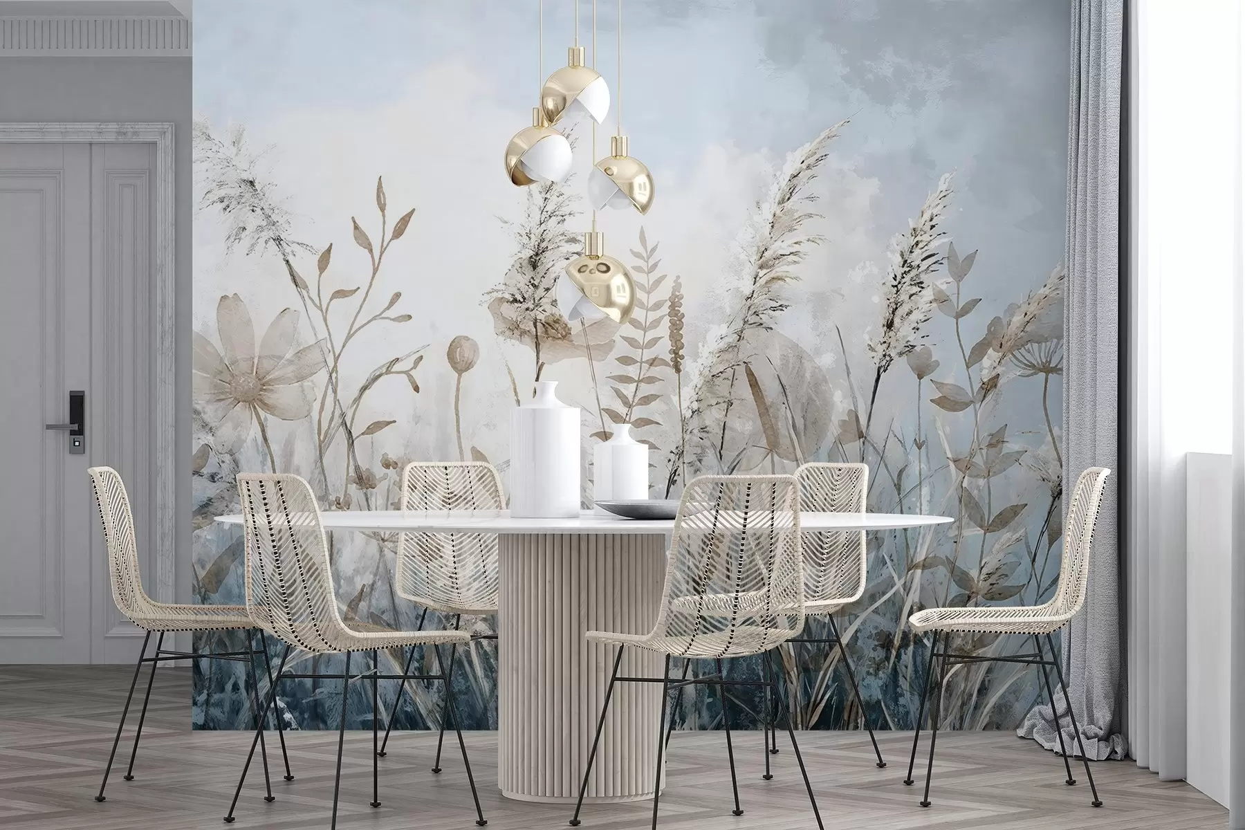 wall murals Поље високе траве, природног лишћа и биљака са меким, танким текстурама наспрам магловитог, облачног неба w08472