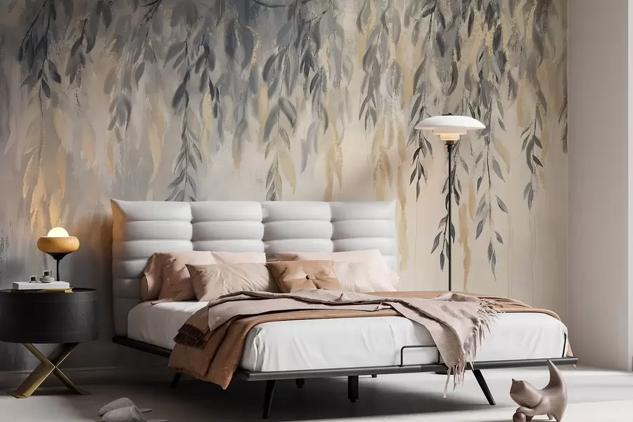 wall murals Гране врбе са деликатним листовима који виси на мекој, замућеној текстурираној позадини w08473