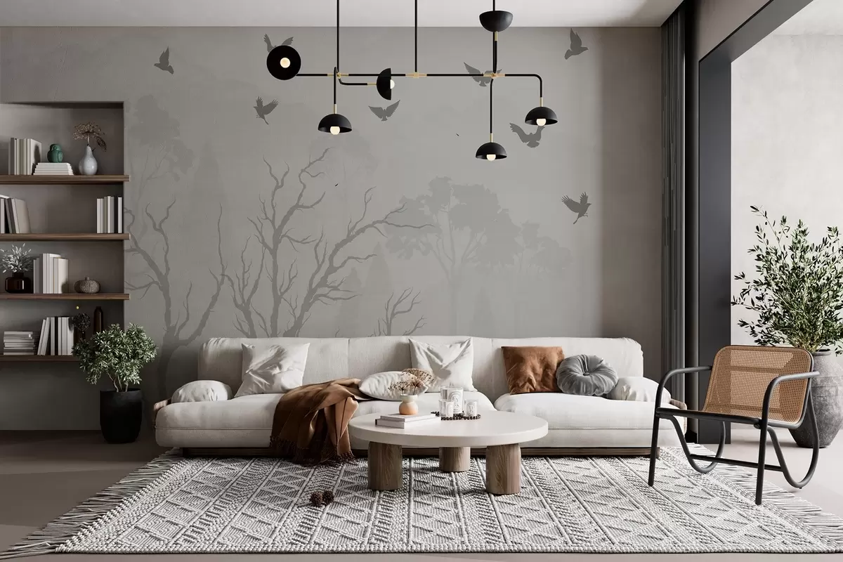wall murals Силуете дрвећа са птицама у магли w02461