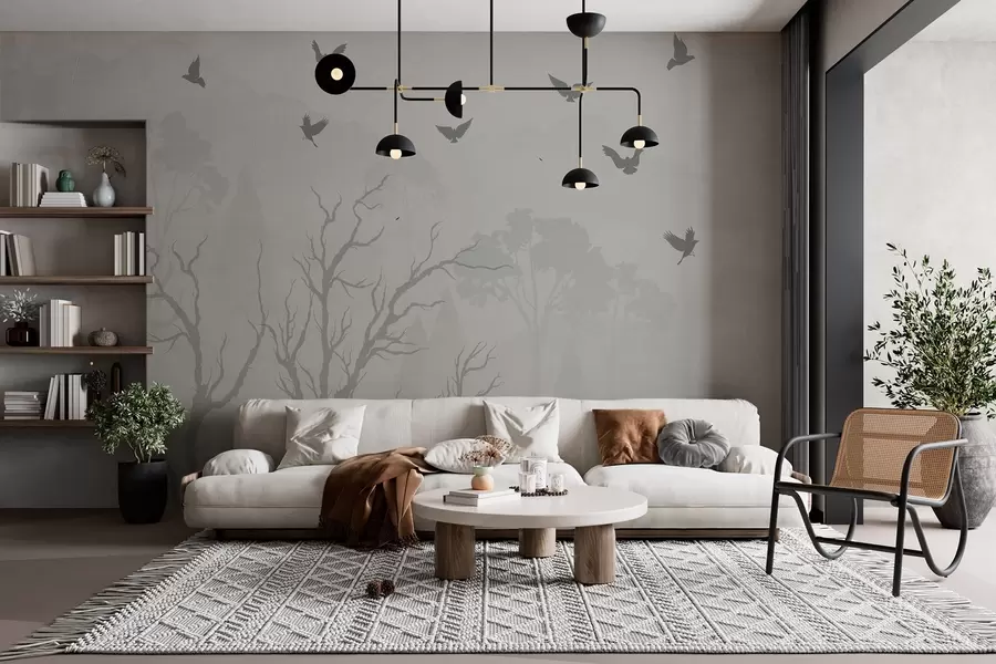 wall murals Силуете дрвећа са птицама у магли w02461