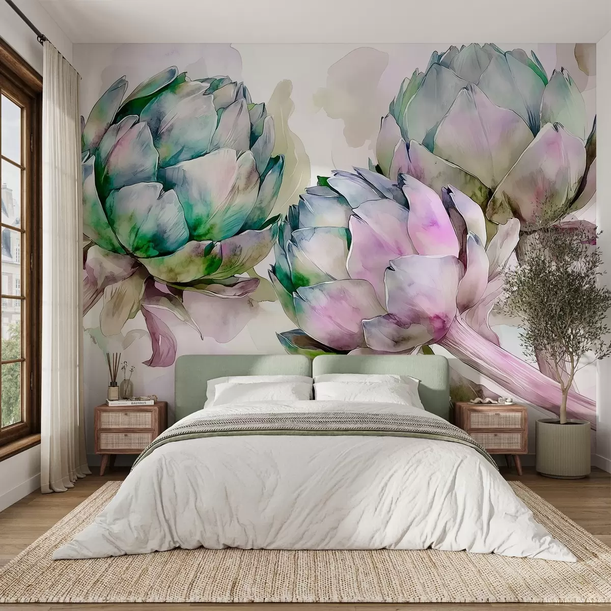 wall murals Артичоке акварел стил, цвеће, љубичаста и зелена w02481
