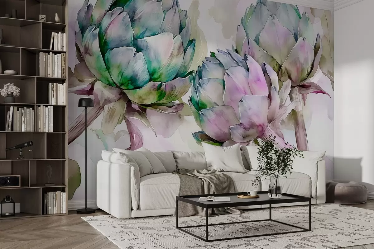 wall murals Артичоке акварел стил, цвеће, љубичаста и зелена w02481